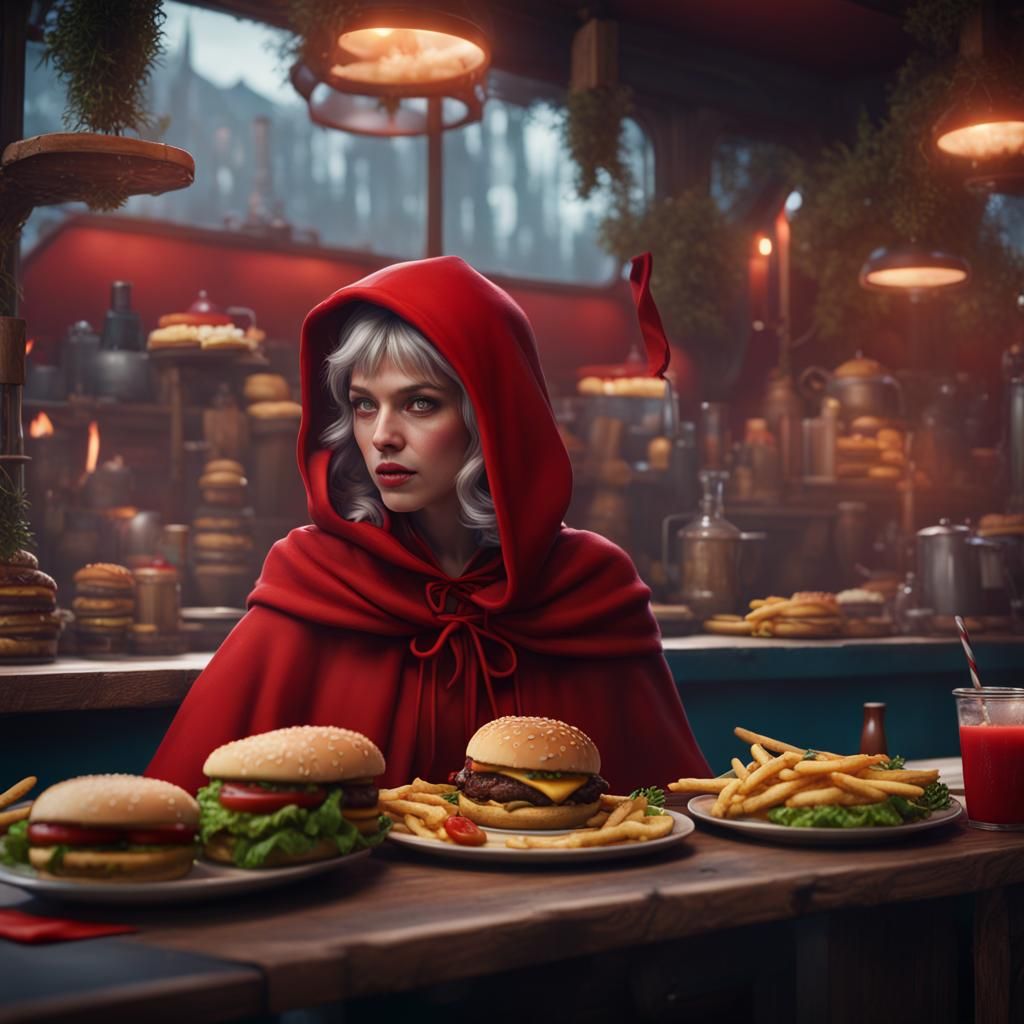 Red Riding Hood at Burger Shop: Fantasy Concept Art