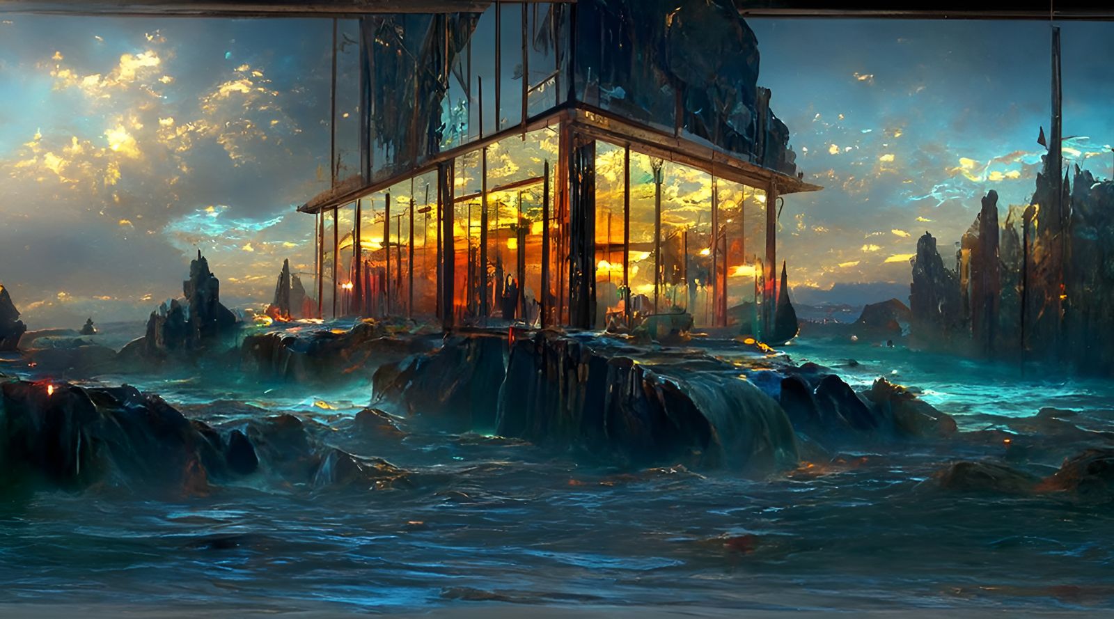 Glass Cafe on Turquoise Seas: Landscape Painting