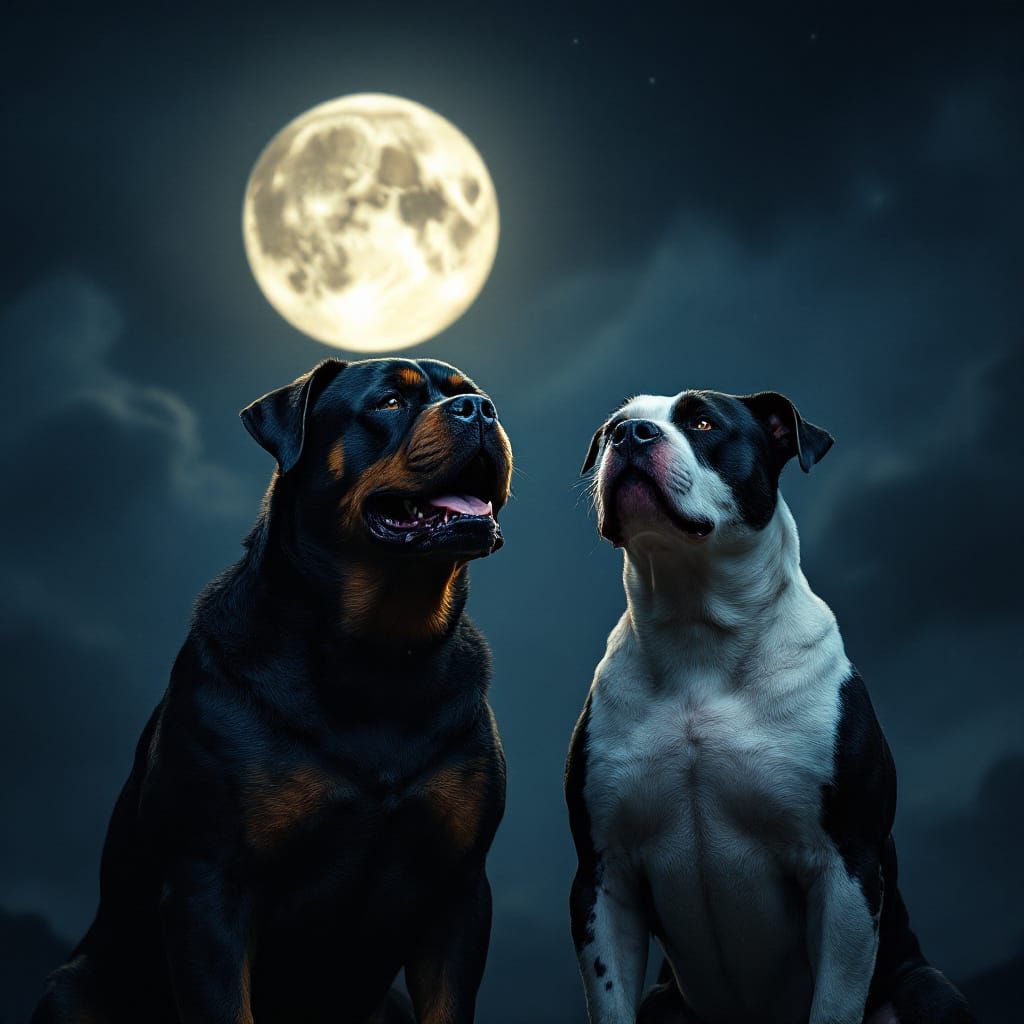 Rottweiler and Pitbull Watch Full Moon Night Sky