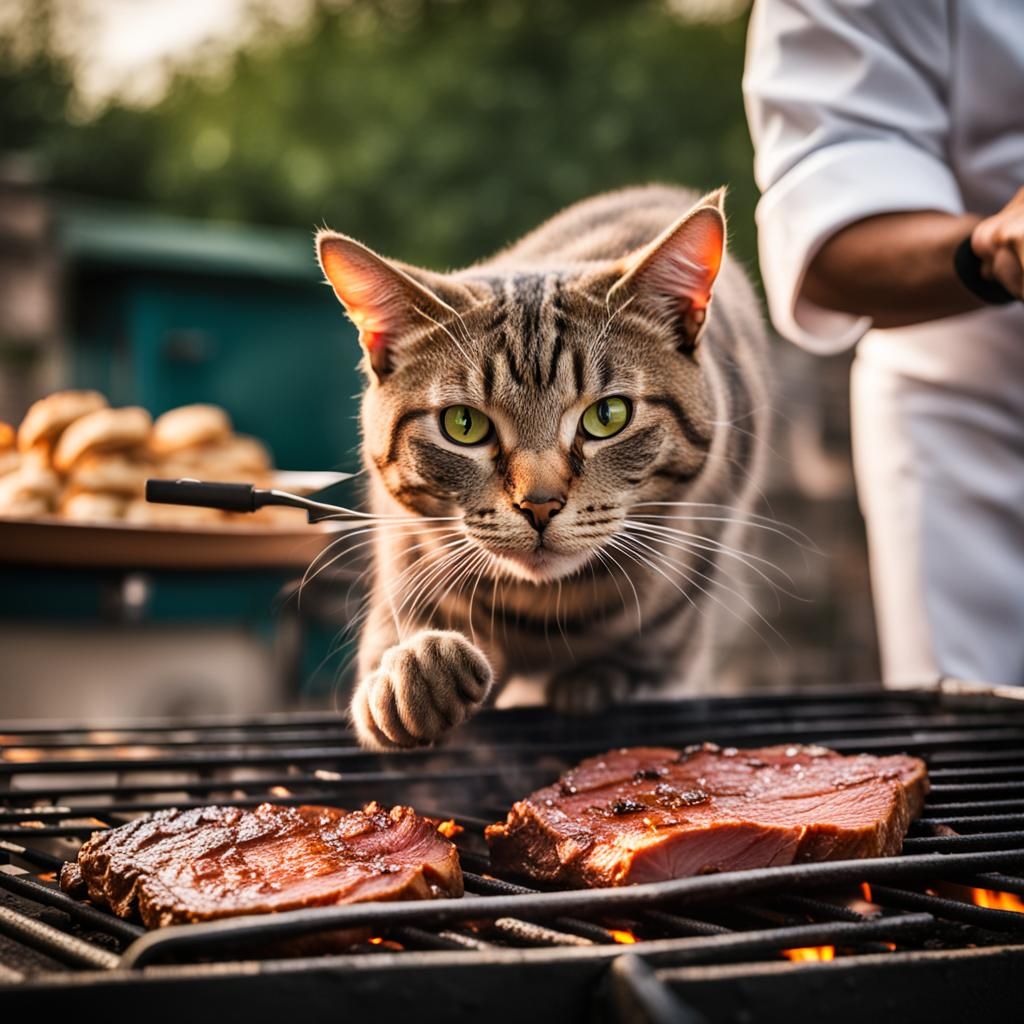 Cat Chef Roasting Meat on BBQ