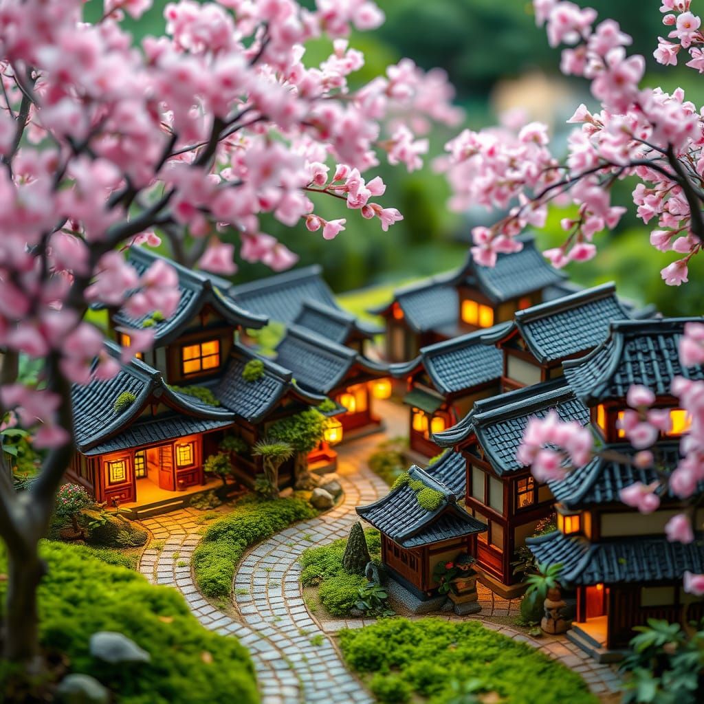 Miniature Japanese Village in a Cherry Blossom Garden