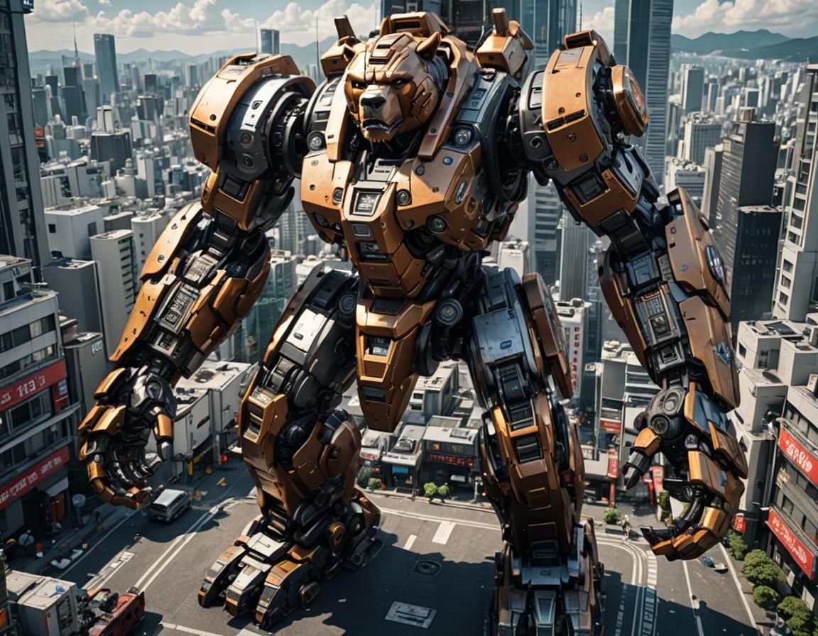 Giant Robot Bear Towers Over Tokyo in Sci-Fi Style