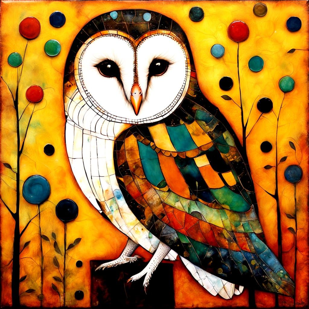 Airbrushed Barn Owl in Textured, Primitive Naive Style