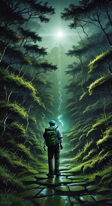 Mysterious Forest Temple with Traveler and Tiger