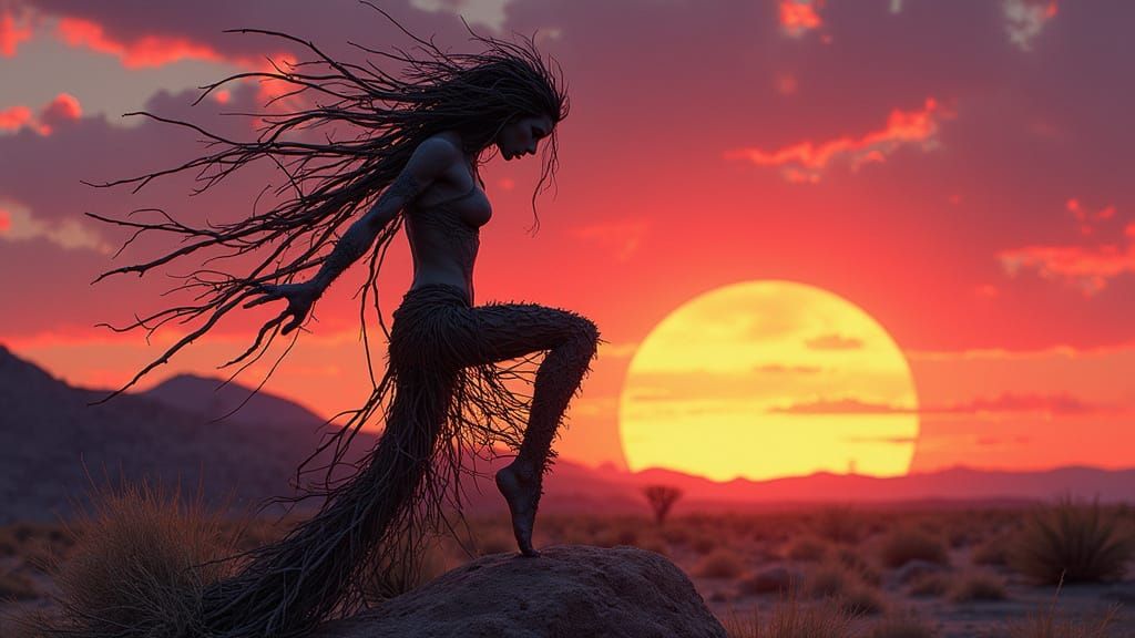 Desert Dryad Dances at Sunset: Photorealistic Art