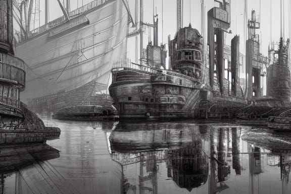 Futuristic Shipyard at Dawn: Hyperdetailed Charcoal Drawing