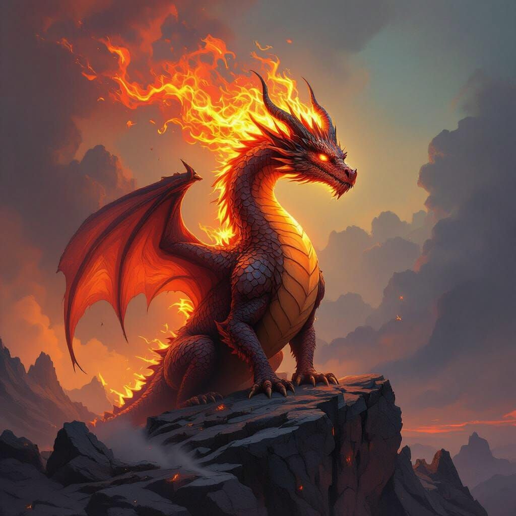 Majestic Flame Dragon in Fiery Aura on Rocky Plateau