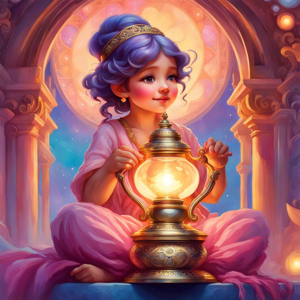 Adorable Genie in Lamp, Watercolor Splash Art