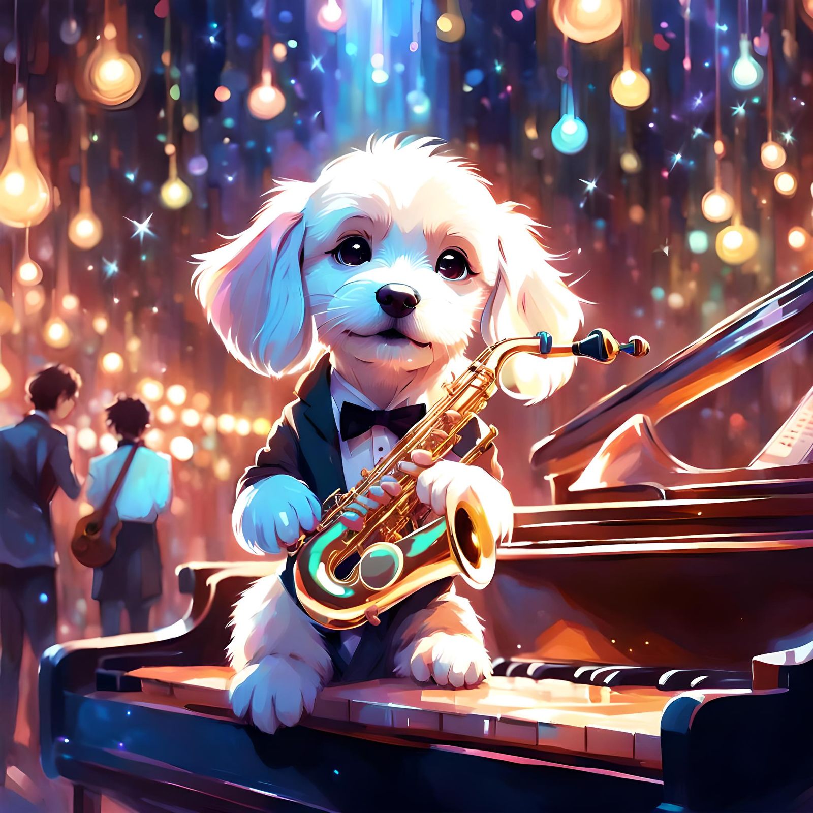 Puppy Saxophonist in Fantasy Jazz Club, Digital Art