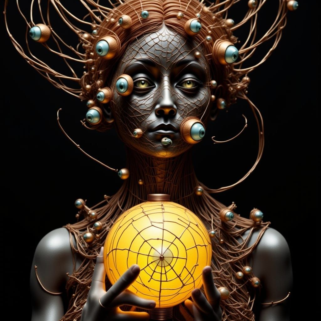 Abstract figure  holding a large, yellow lantern.