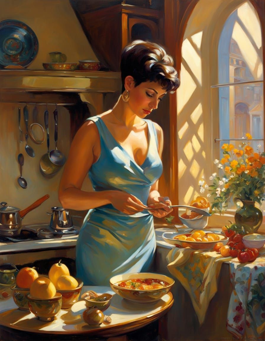 Woman Prepares English Breakfast in Modern Kitchen