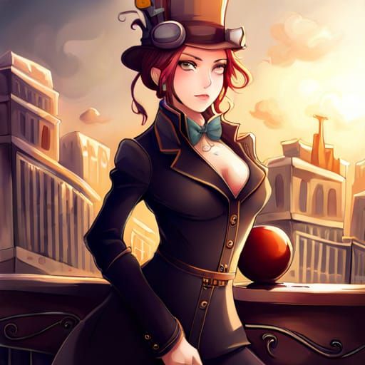 a whimsical top hat on a beautiful rubenesque woman steampunk engine by artist "anime", Anime Key Visual, Japanese Manga...