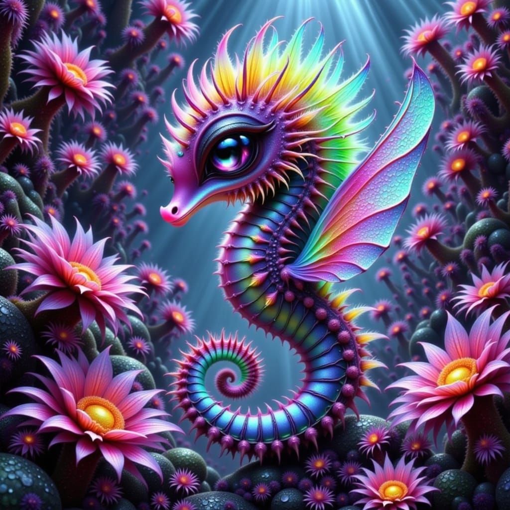 Intricate Opalescent Seahorse with Fractal Edging