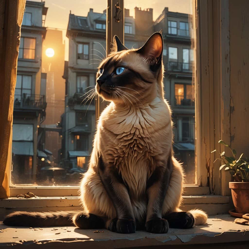 Siamese Cat Gazing Through Grimy Window