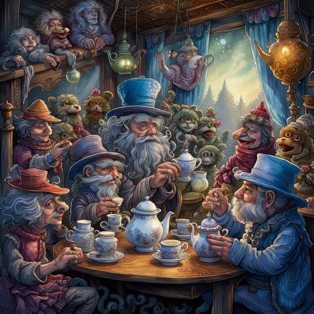 Puppeteer's Tea Party: Detailed Gouache Watercolor