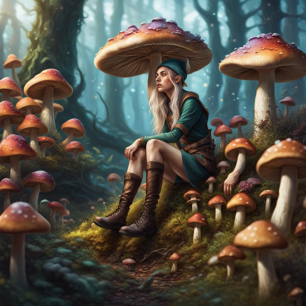 Magical Mushroom Field with Elves: Hyperrealistic Art