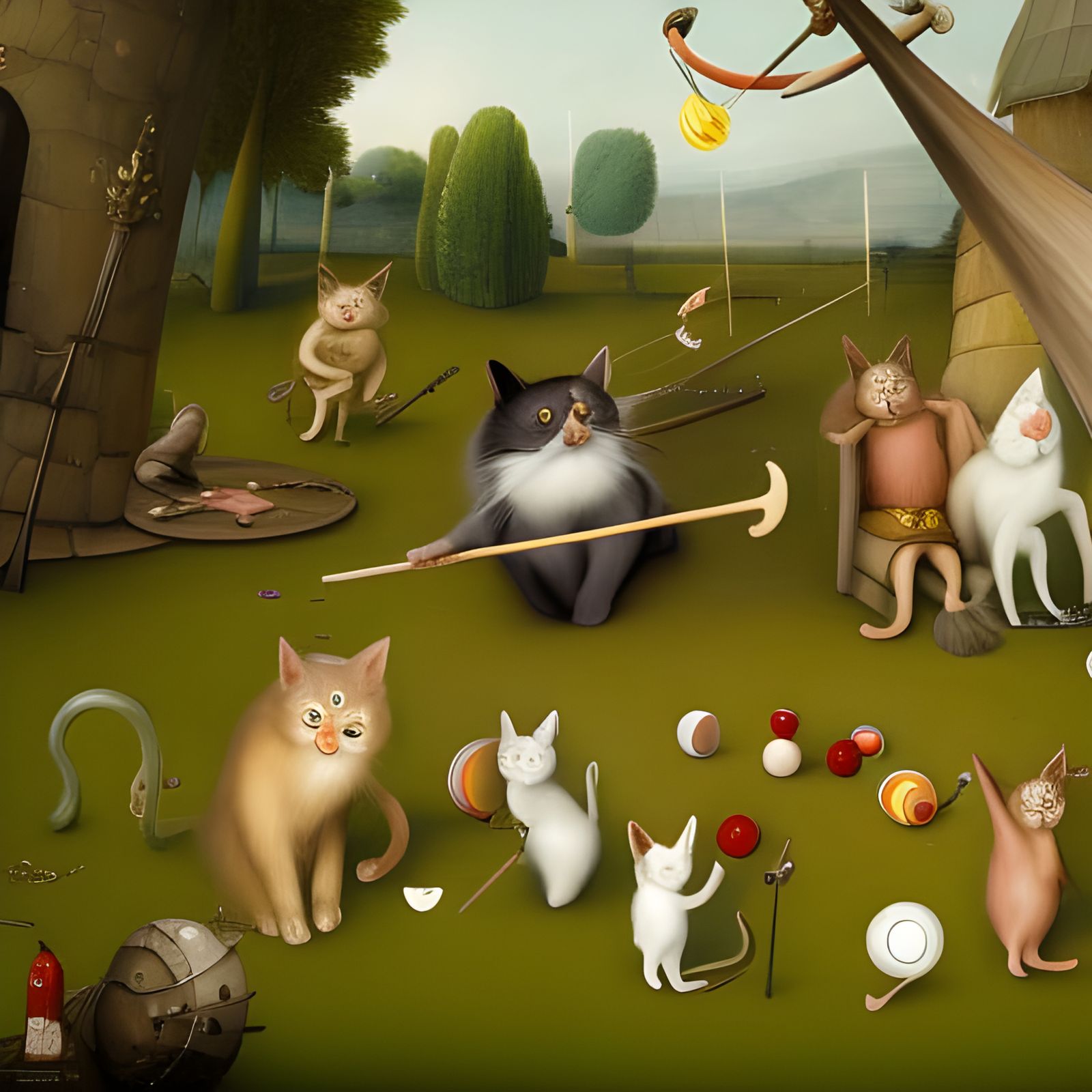 Cats Playing Croquet in Hieronymus Bosch Style