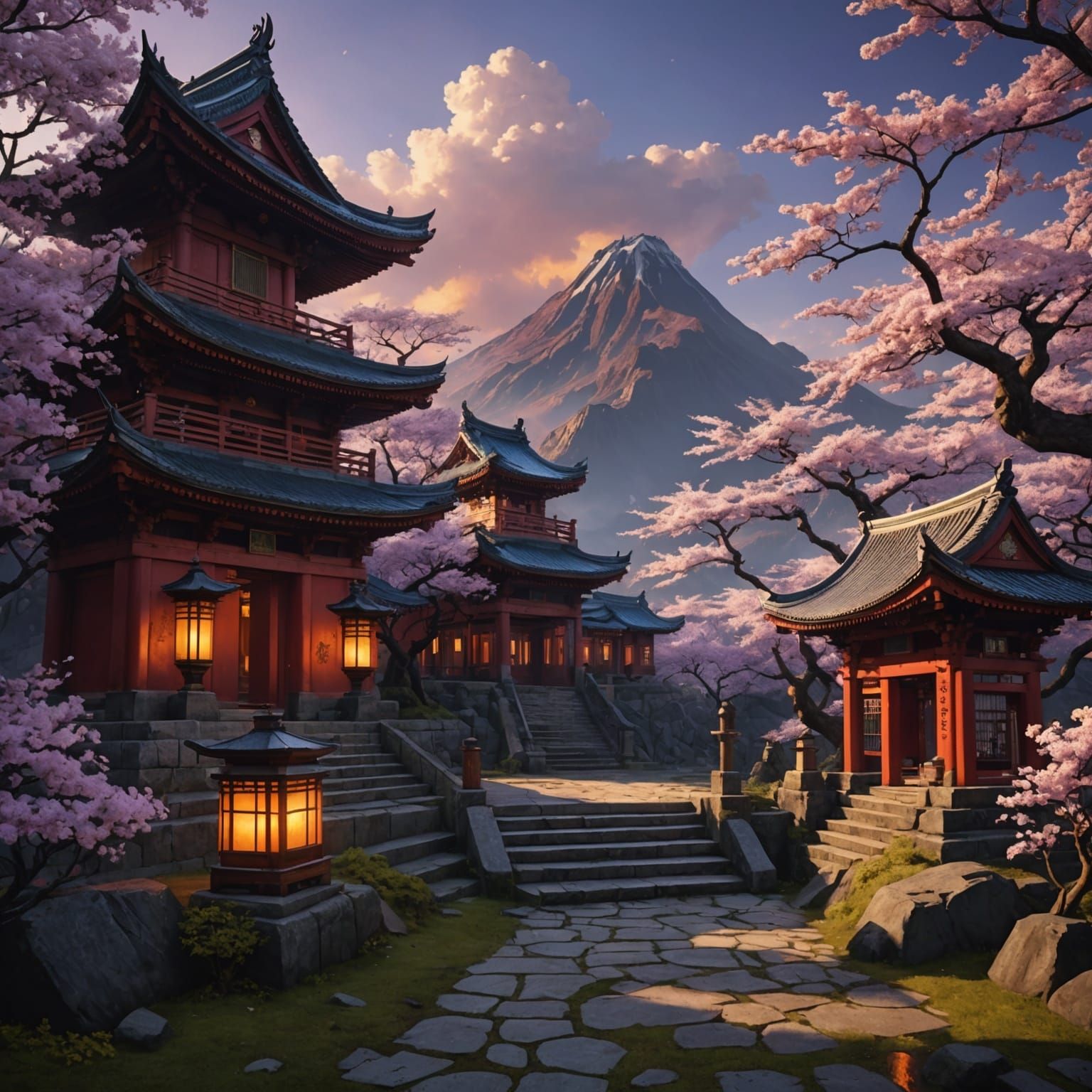 Fiery Japanese Landscape with Cherry Blossoms
