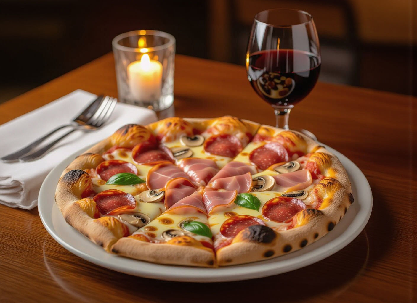 Delicious Pizza and Red Wine Pairing on White Plate