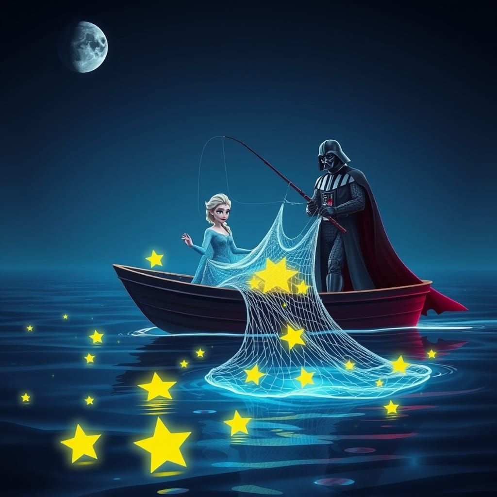 Elsa and Darth Vader Fish Under Neon Stars