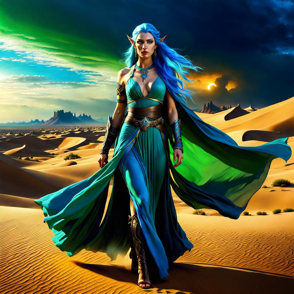 Elf Sorceress and Orc Warrior in Desert