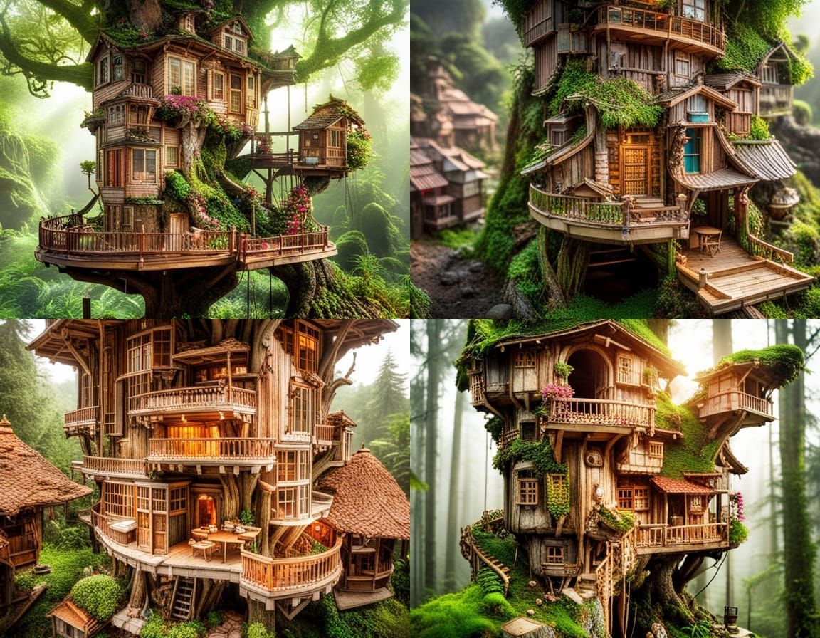 Surreal Miniature Treehouse Village Sculpture