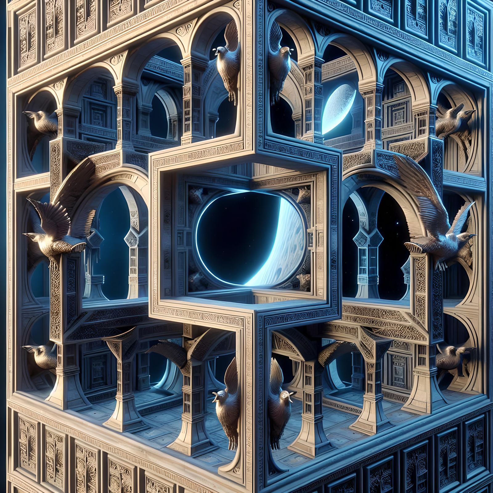 Hyperrealistic Cube Structure with Avian Sculptures