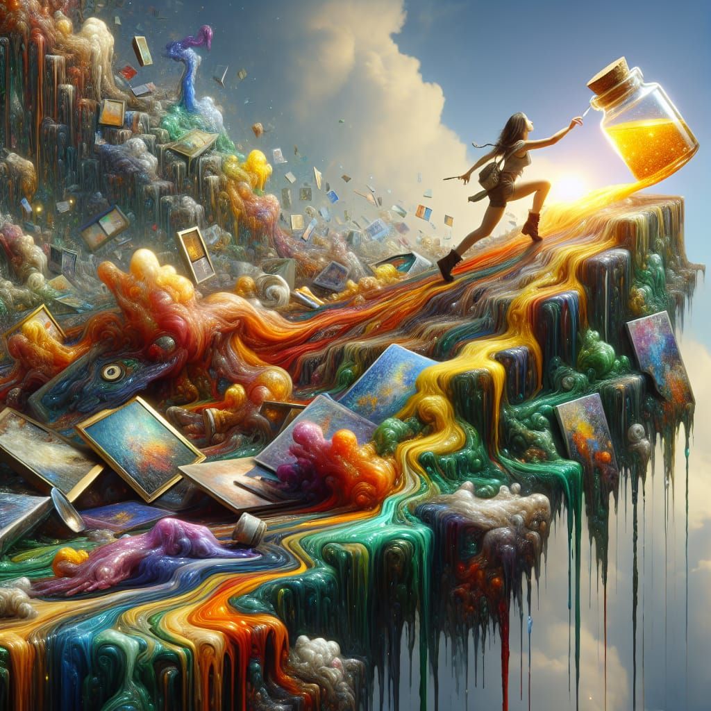 Woman Climbing a Mountain of Art in Surreal Style
