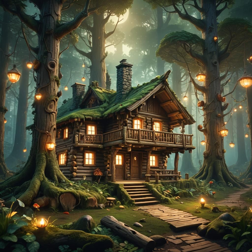 Mystical Forest Cabin with Glowing Lights