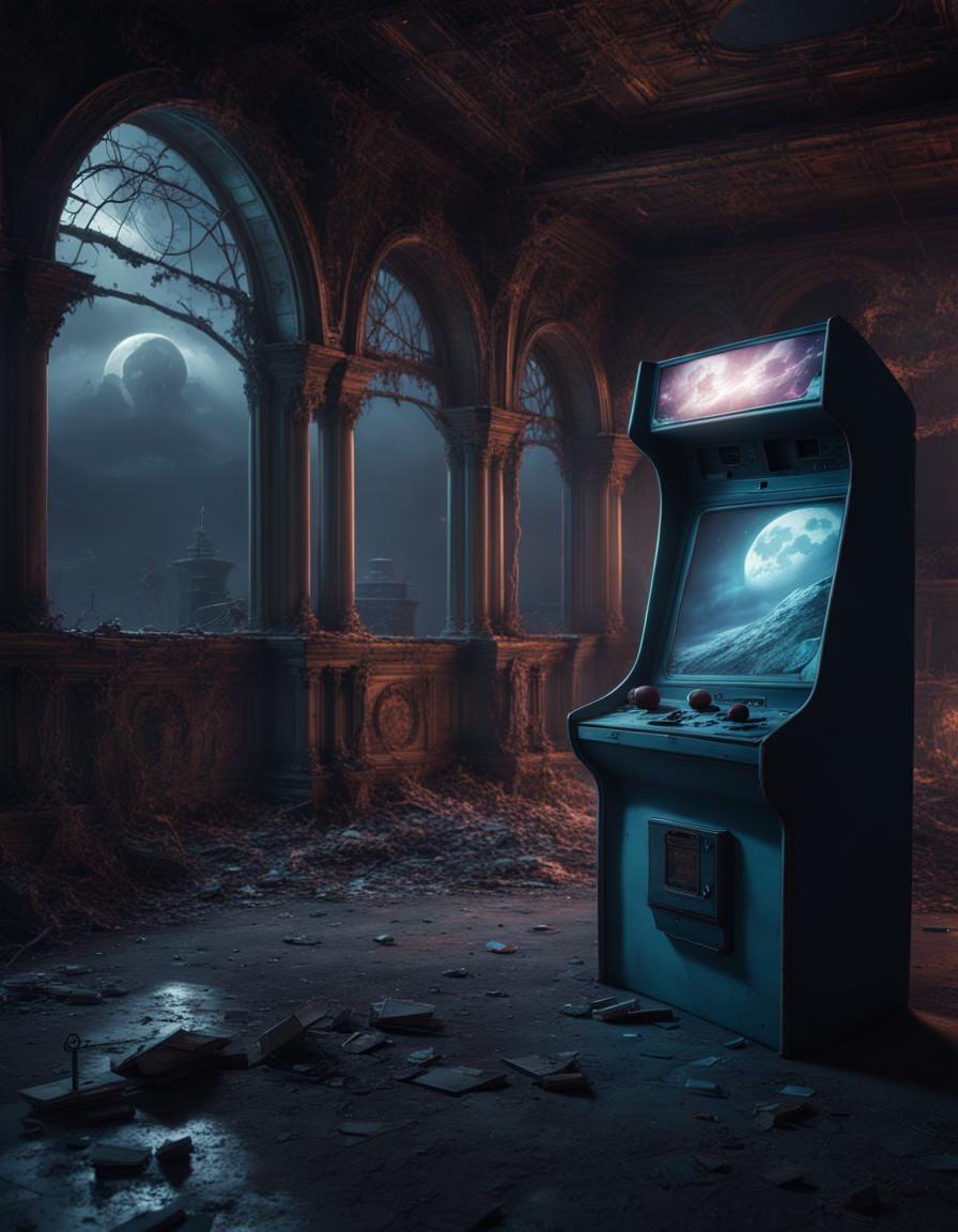 Sad Ghost Haunts Abandoned Moonlit Arcade: Digital Matte Pai...