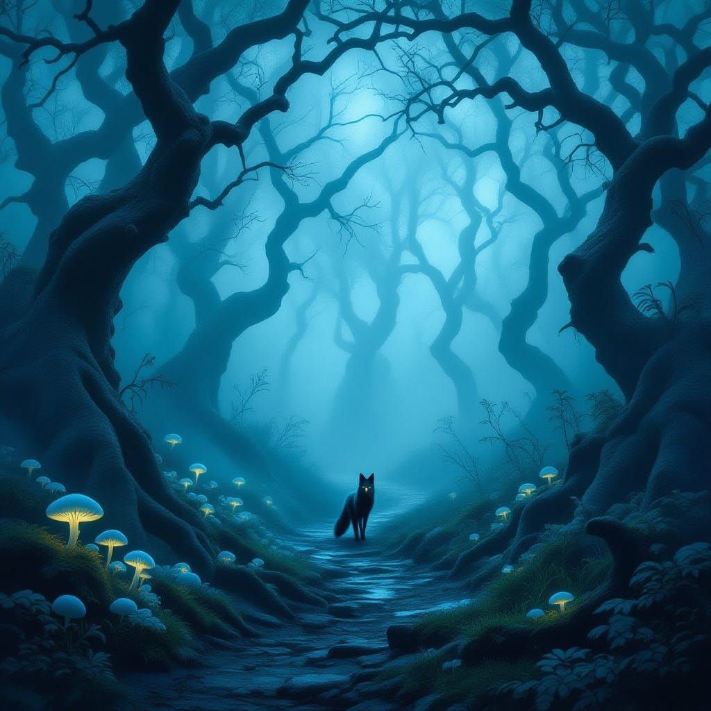 Mystical Foggy Forest with Spectral Fox
