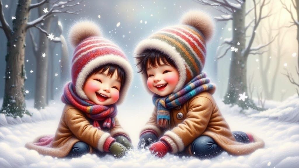 Sisters Playing in Snowy Winter Wonderland Scene