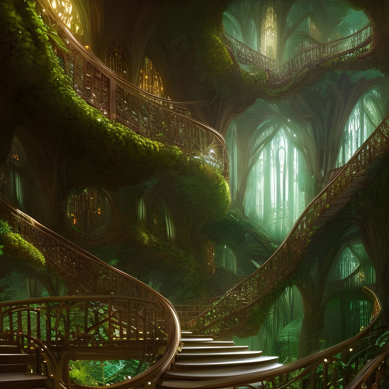 Elven Palace Staircase in Enchanted Forest, Digital Art