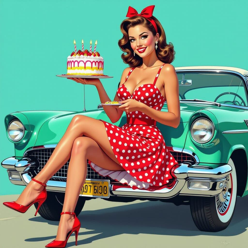 Pinup Girl with Cake on Classic Car in Pop Art