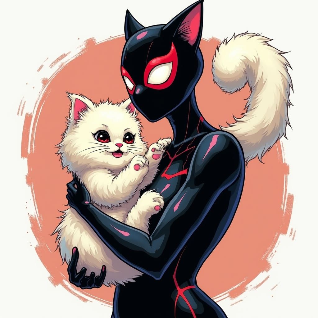 Superhero Cat Cuddles Fluffy Kitten in Bold, Vibrant Illustr...