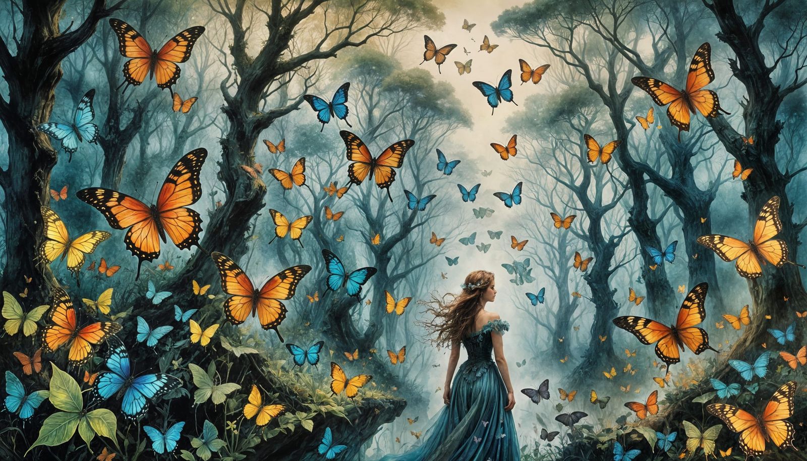 Surreal Dryad Made of Butterflies in Fantasy Landscape