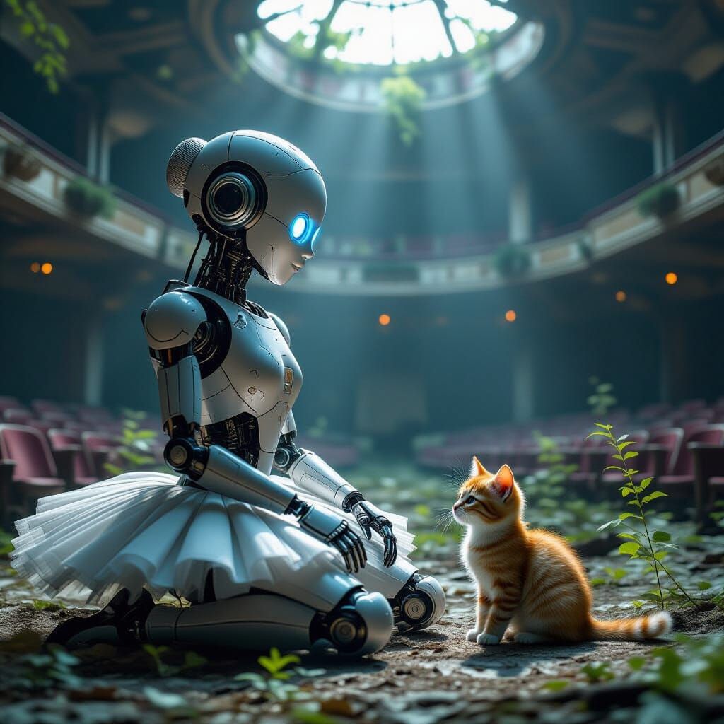 Ballerina Robot with Kitten in Ruined Theater