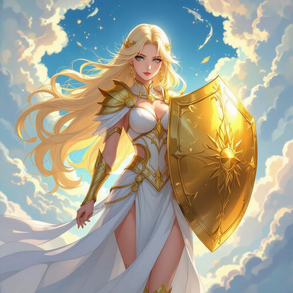 Anime Goddess of Protection with Golden Shield