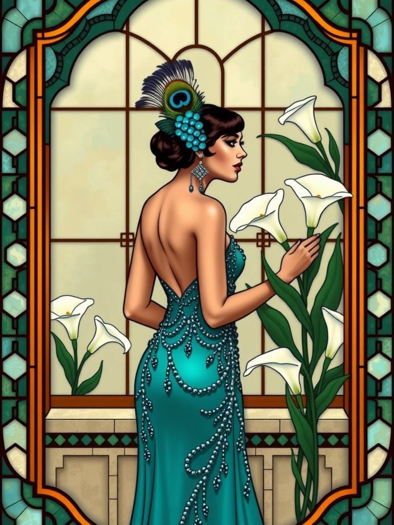 Art Deco Woman with Peacock Feathers and Lilies