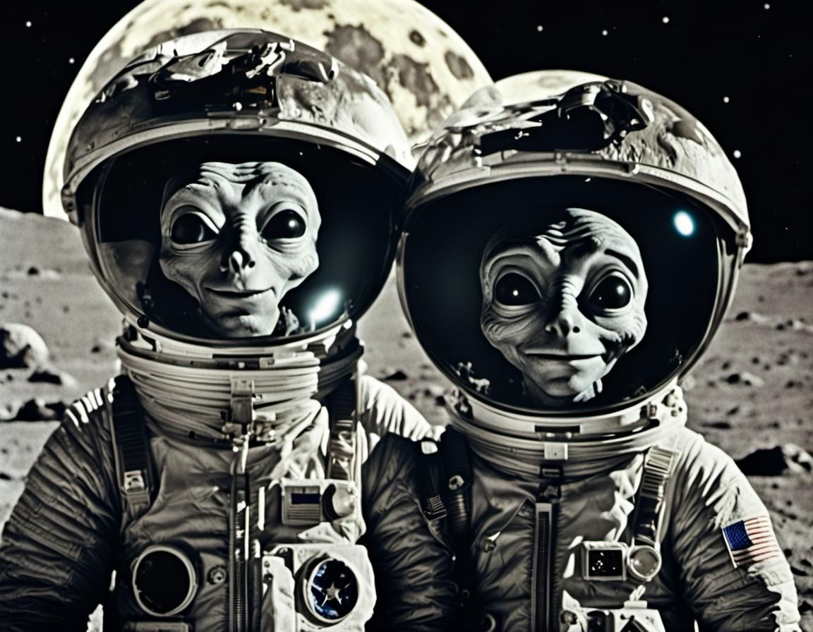 Alien and Astronaut on Moon: Vintage Photograph