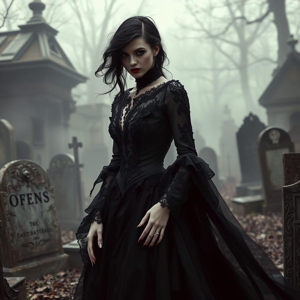 Elegant Gothic Vampire in a Haunting Graveyard Scene