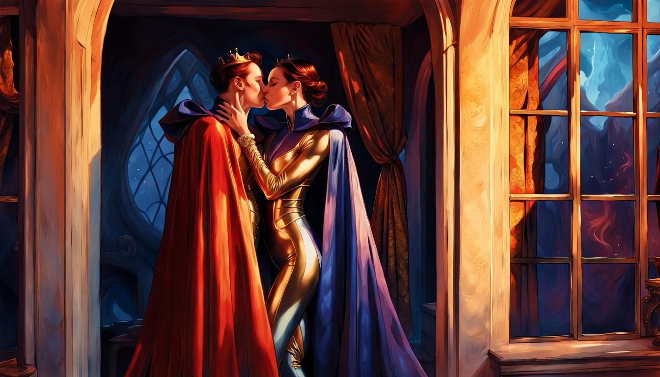 Royal Lovers Kissing in Lavish Fantasy Interior