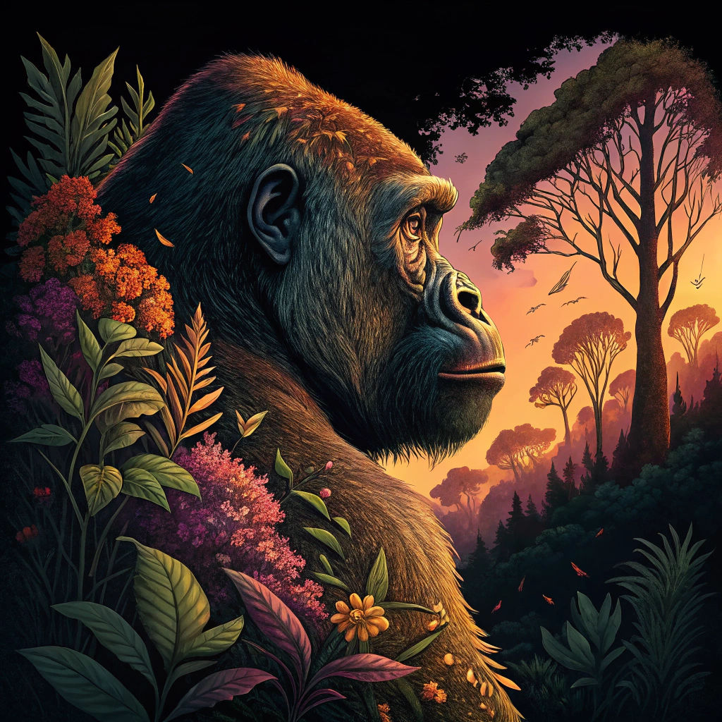 Majestic Gorilla and Jungle Sunset in Naive Art Style