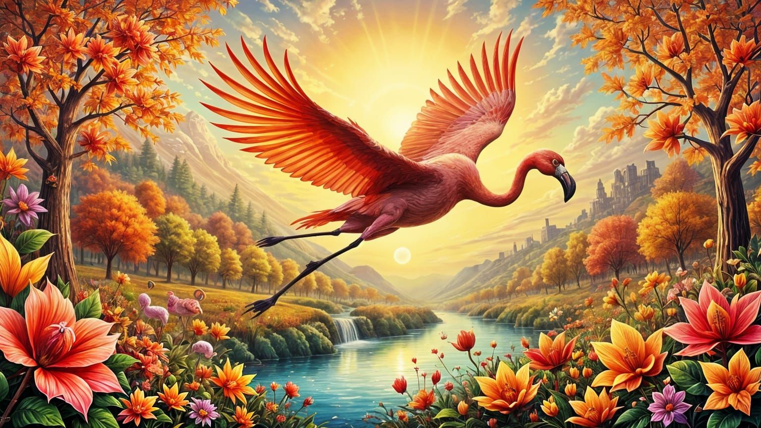 Flamingo Takes Flight Over Autumn Landscape in Alebrije Styl...