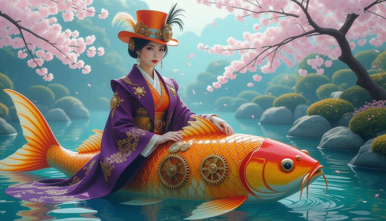 Steampunk Woman on Mechanical Koi in Japanese Garden