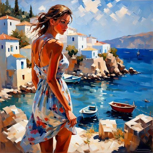 Greek Village Woman: Impressionist Oil Painting