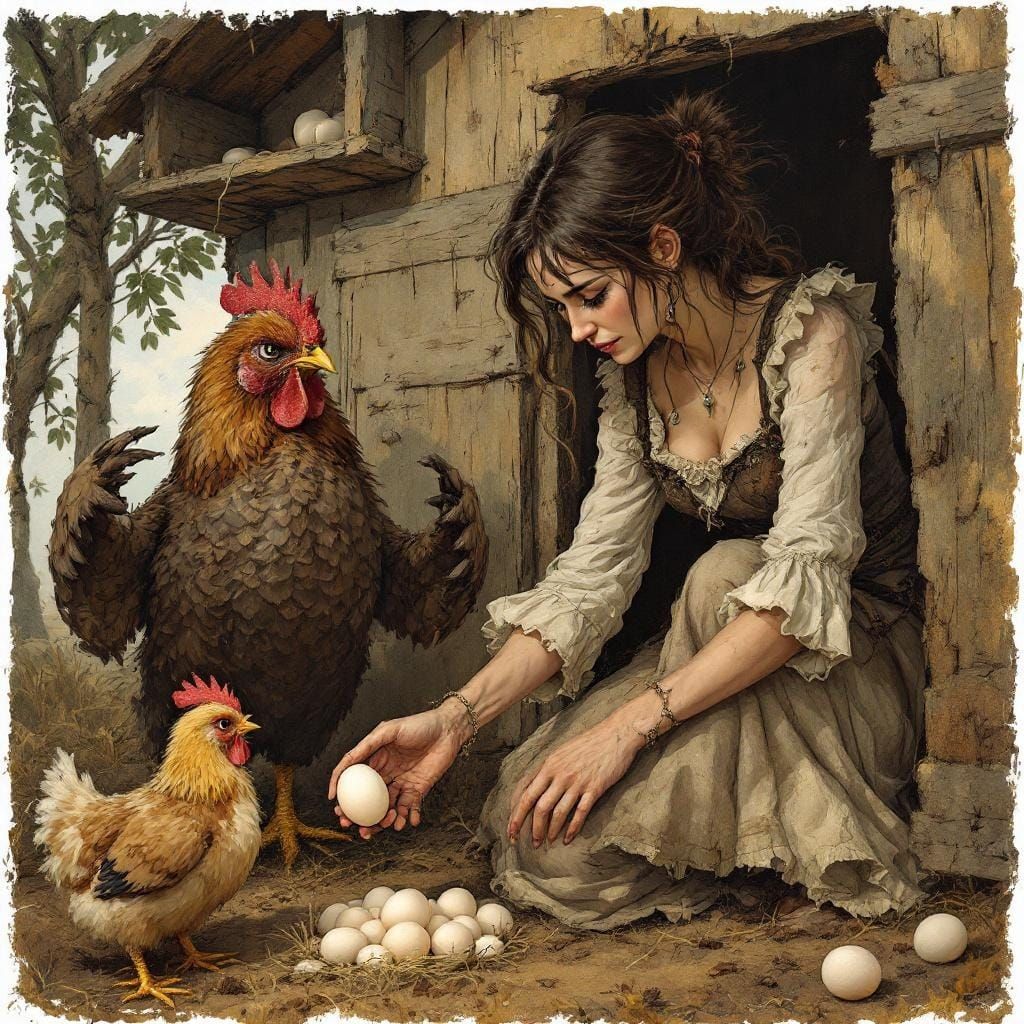 Fantasy Art: Wench and Grumpy Chick in Coop