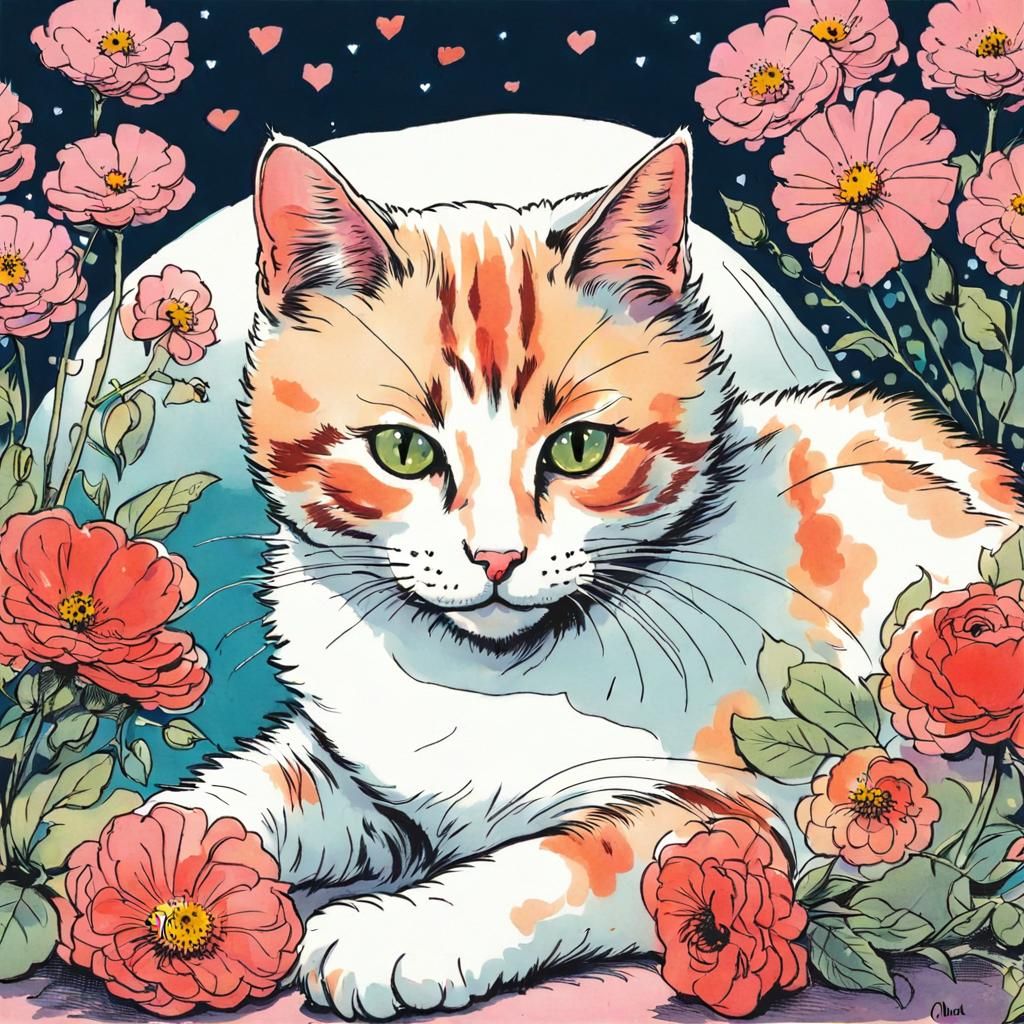Cat Surrounded by Flowers in Cartoon Style