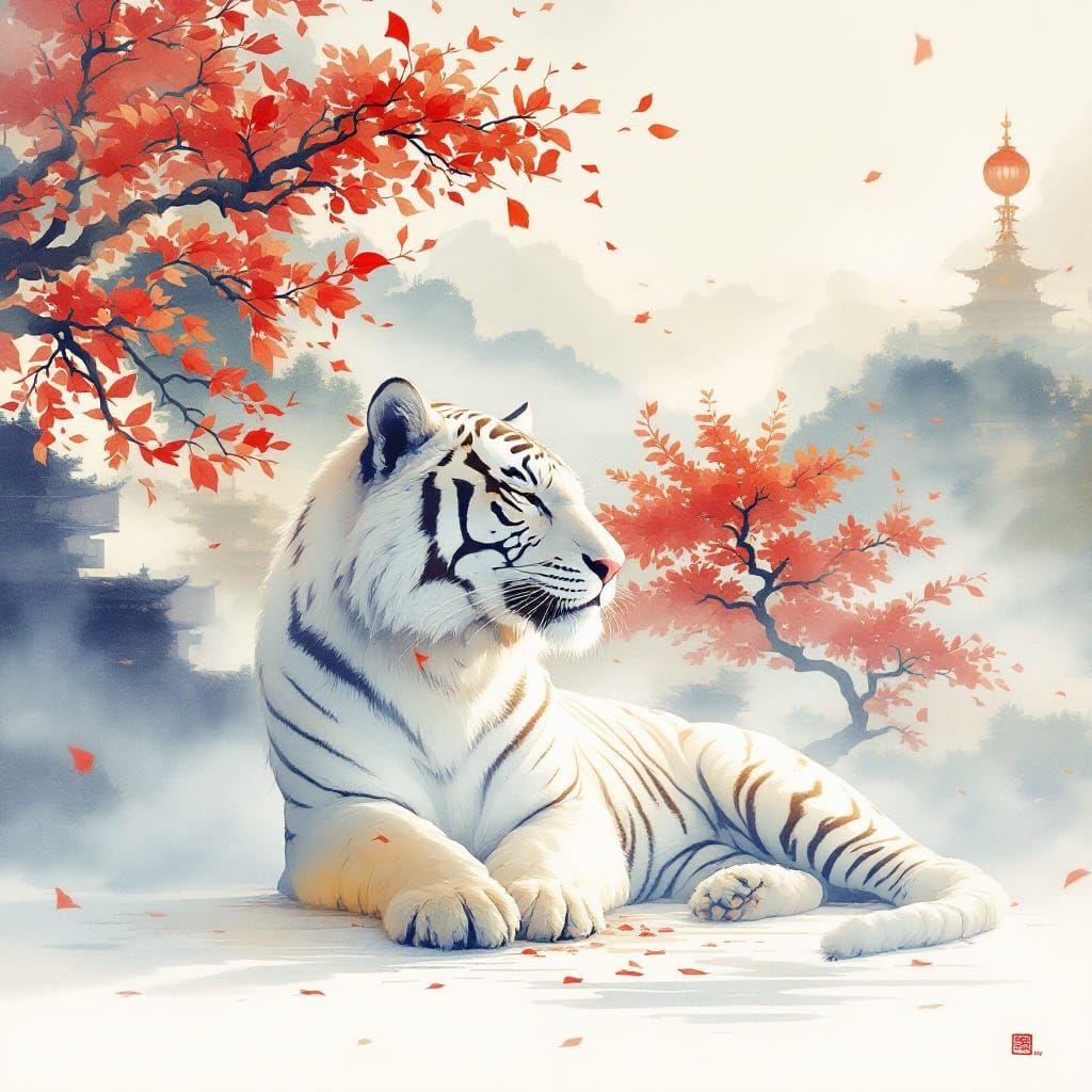 Surreal White Tiger in Mystical Japanese Temple