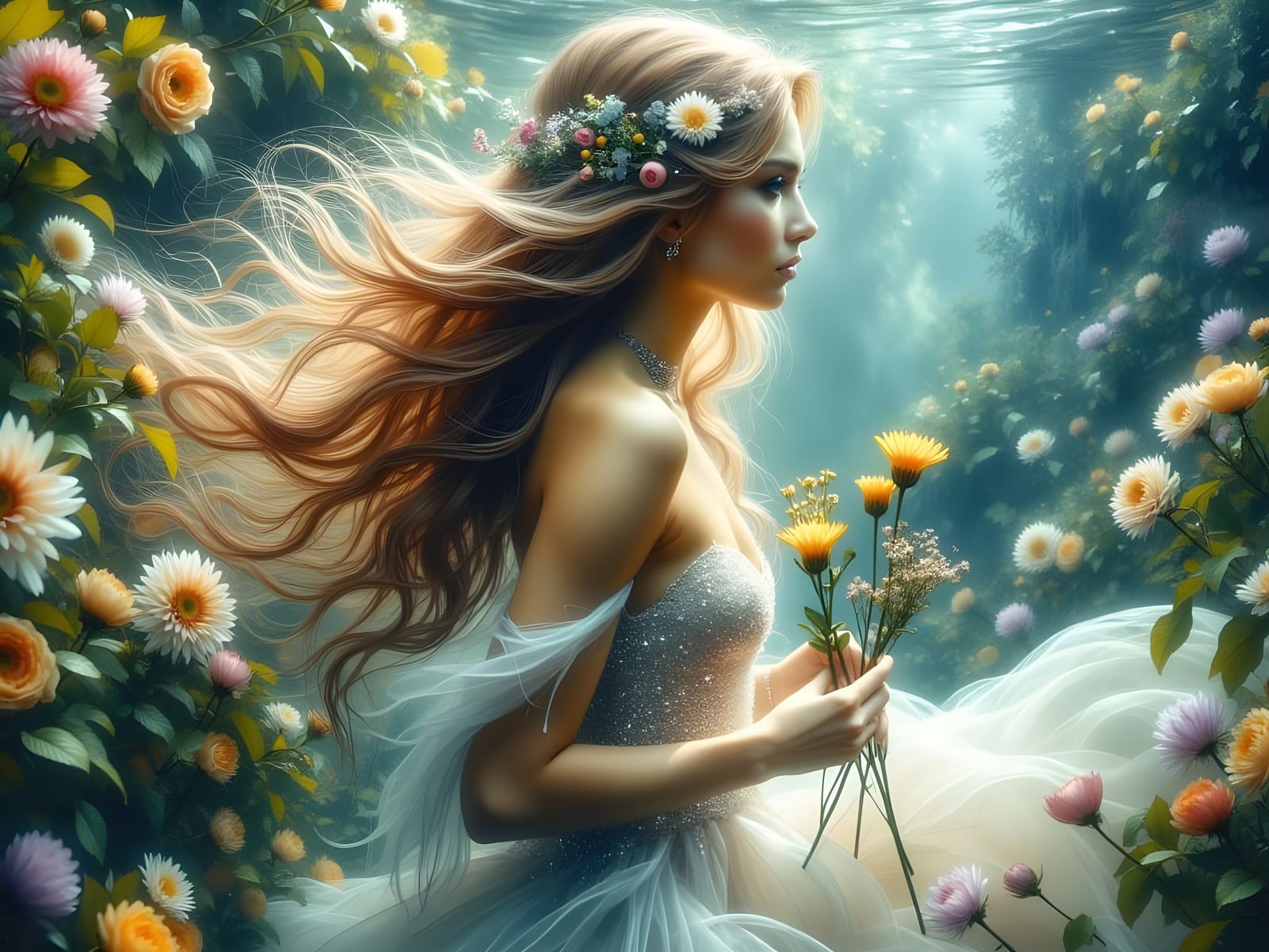 Underwater Goddess Portrait with Silver Dress